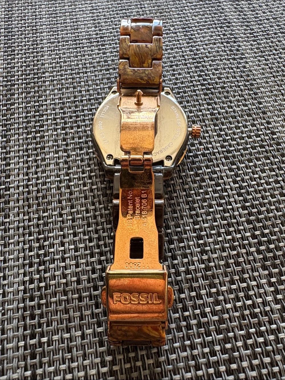 Women’s Fossil Black Dial Watch with Tortoiseshell Bracelet and Gold Accents